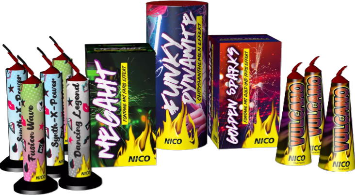 n56212 Futureland Inhalt: Verschiedene Nico Feuerwerksbatterien mit Aufschriften wie MegaHit, Funky Dynamite und Golden Sparks