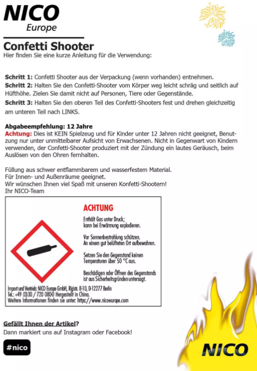 Konfetti Shooter Bedienungsanleitung mit Sicherheitshinweisen und Nutzungsempfehlung
