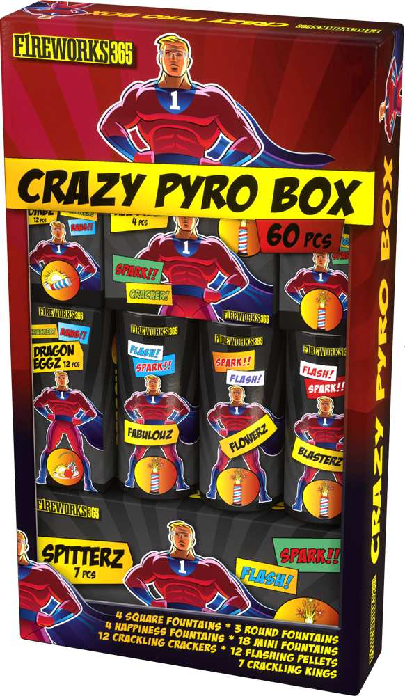 Crazy Pyro Box Feuerwerksbox mit 60 Teilen und verschiedenen Feuerwerksartikeln wie Dragon Eggz, Fabulouz, Flowerz und Blasterz