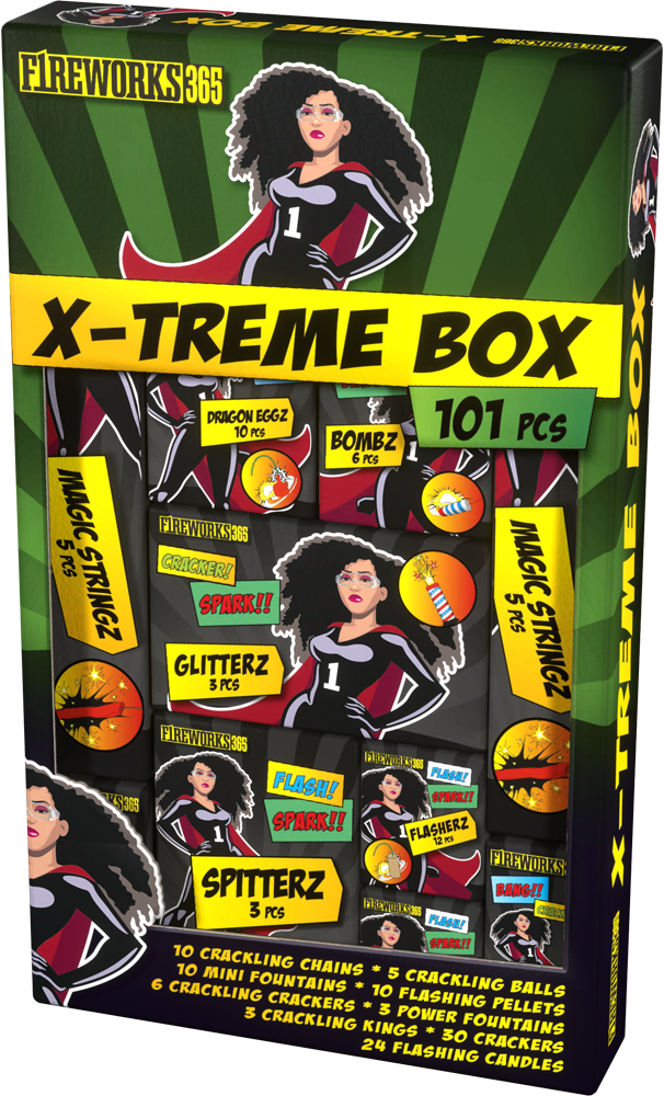 X-Treme Box Feuerwerksset mit 101 Teilen, darunter Magic Stringz, Dragon Eggz, Bombz und Glitterz