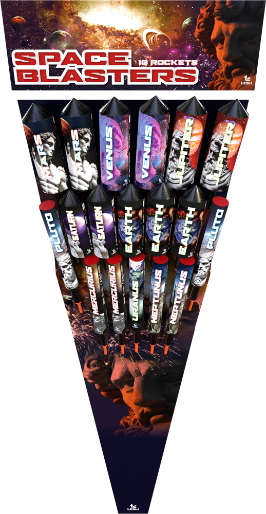 Space Blasters Feuerwerksraketen-Set mit Planetenmotiven wie Mars, Venus, Jupiter, Erde, Saturn, Pluto, Merkur, Uranus und Neptun