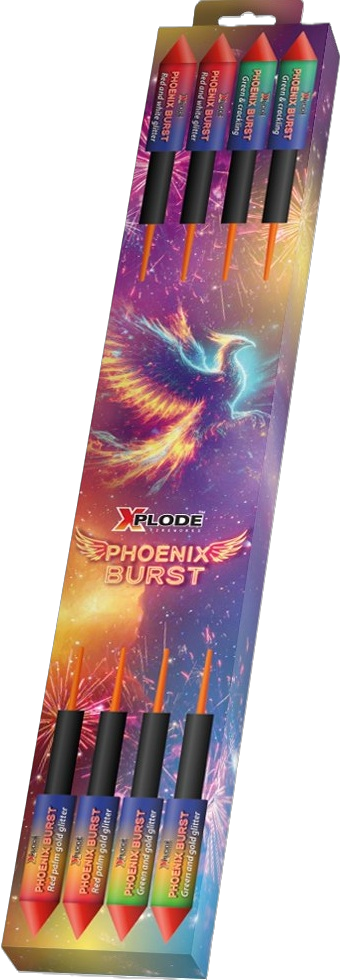 Xplode Feuerwerk Phoenix Burst – bunte Feuerwerksverpackung mit Phönix Xplode Feuerwerk Phoenix Burst Verpackung mit leuchtendem Phönix Motiv