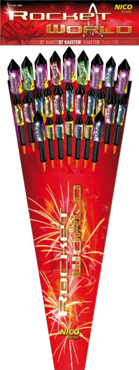 Rocket World Feuerwerksraketen-Set – Neuauflage mit buntem Design Feuerwerksraketen-Set Rocket World auf rotem Hintergrund mit Feuerwerkseffekt