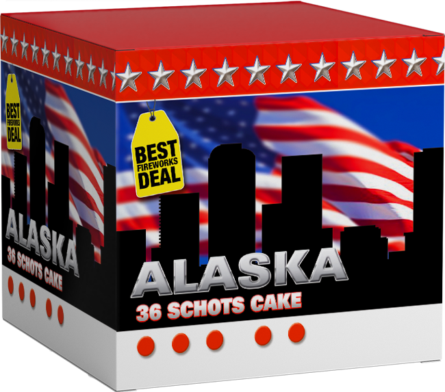 Feuerwerksbatterie Alaska 36 Schuss mit amerikanischer Flagge und Skyline