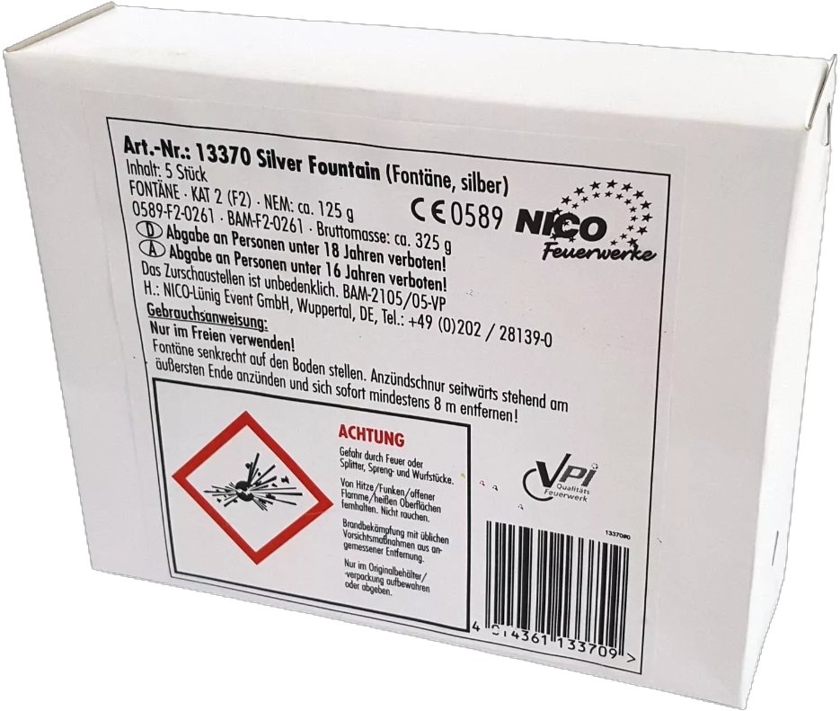 N13370 Silver Fountain Schachtel von Nico Feuerwerke – Fontäne Silber mit Warnhinweisen und Gebrauchsanleitung Rückseite der Schachtel N13370 Silver Fountain Fontäne Silber von Nico Feuerwerke mit Warnhinweisen und Gebrauchsanleitung