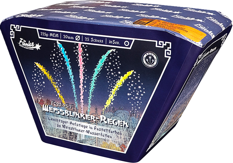 Feuerwerksbatterie FC20-25-7 Weissblinker Regen mit Leuchtspur-Aufstiegen in Pastellfarben und Weissblinker-Wasserfällen