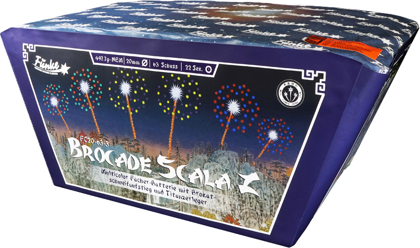 FC20-63-3 Brocade Scala Z Multicolor Fächer-Batterie mit Brokat Schweifaufstieg und Titanzerleger
