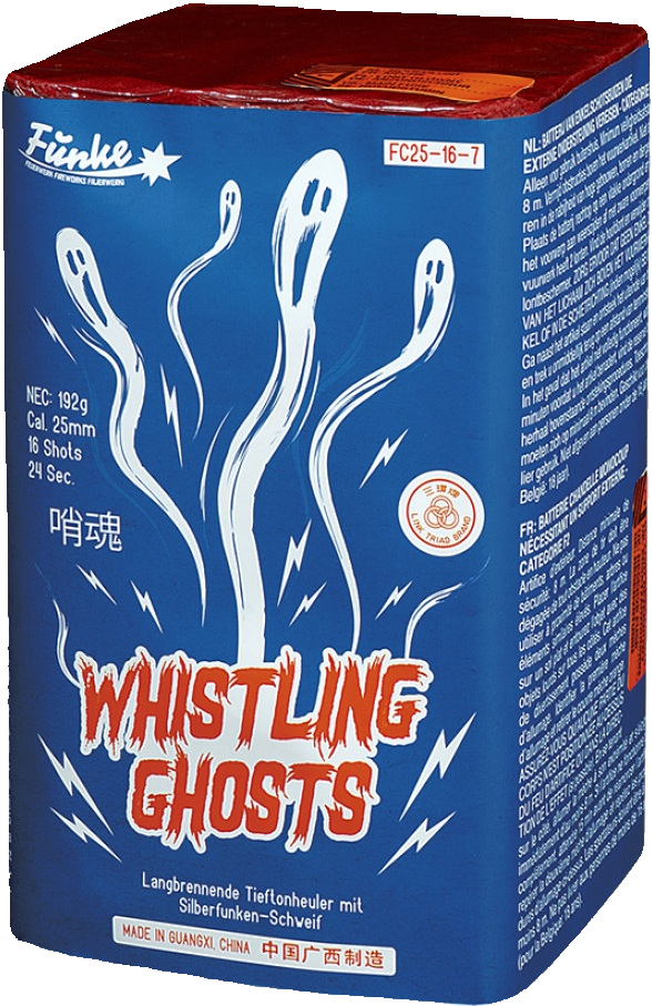 Feuerwerksbatterie Whistling Ghosts mit Geistermotiv auf blauer Verpackung