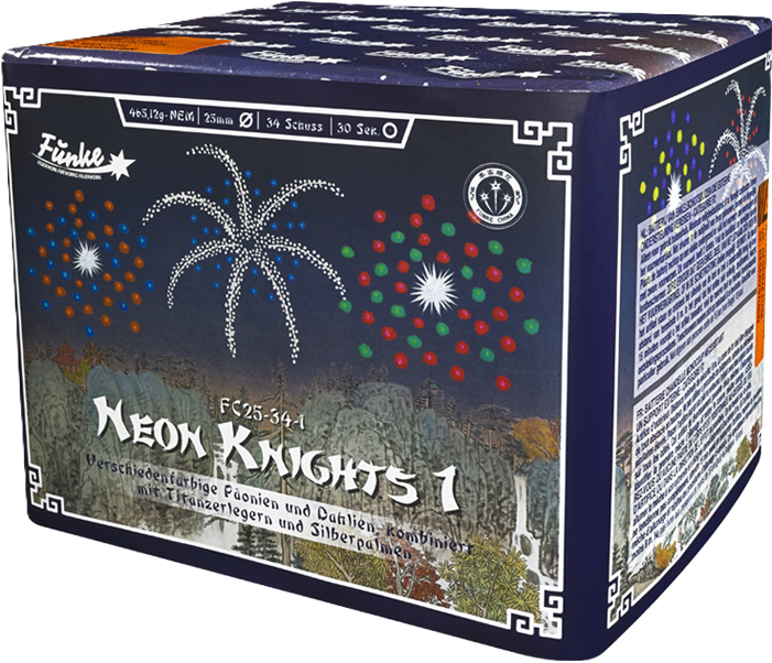 Feuerwerksbatterie FC25-34-1 Neon Knights 1 mit farbigen Effekten und Produktbeschreibung auf der Verpackung
