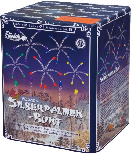Feuerwerksbatterie FC30-25-3 Silberpalmen Bunt von Funke mit farbigen Silberschweif-Effekten