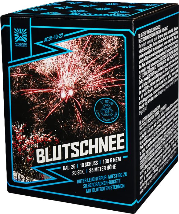 Feuerwerksbatterie AC25-10-22 Blutschnee von Argento Feuerwerk mit rotem Leuchtspur-Aufstieg und silbernem Crackereffekt