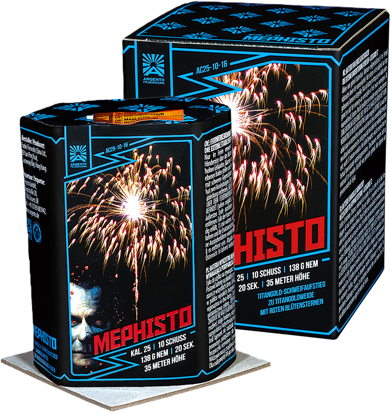 Feuerwerksbatterie Mephisto von Argento Feuerwerk, Produktbild mit Verpackung und Feuerwerkseffekt