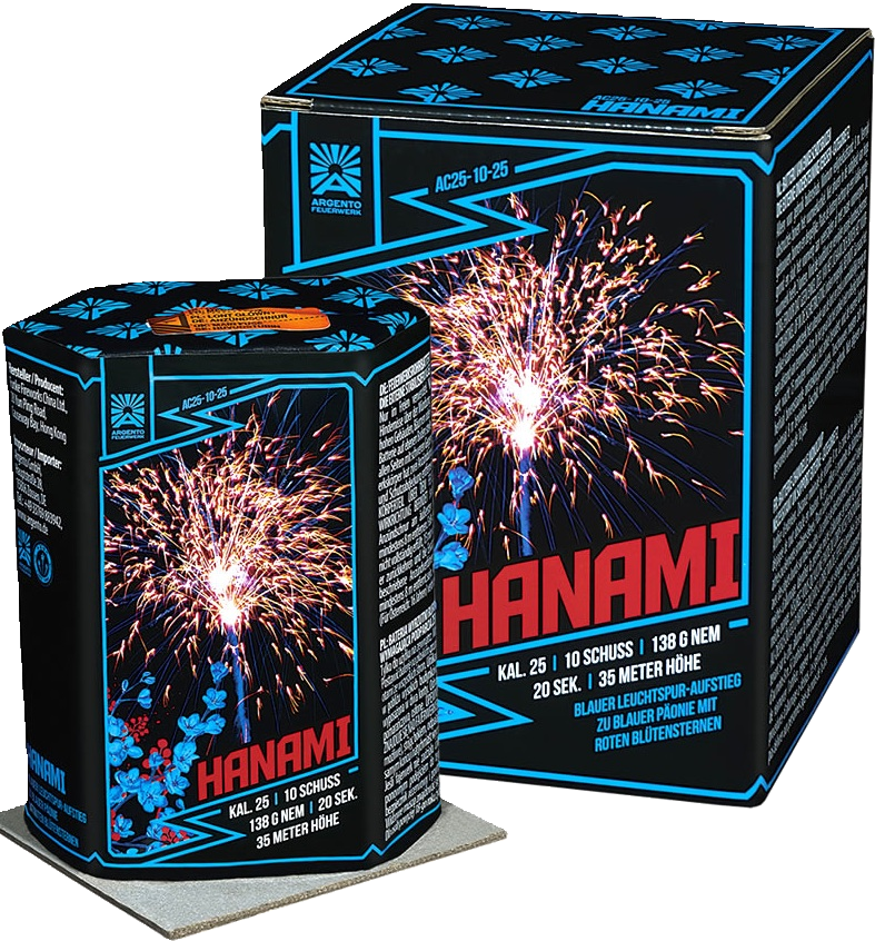 Feuerwerksbatterie AC25-10-25 Hanami von Argento mit Verpackung und Produktdetails
