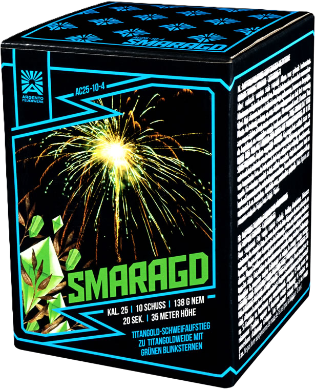 Argento Feuerwerk AC25-10-4 Smaragd Batterie mit grünem Feuerwerkseffekt auf der Verpackung