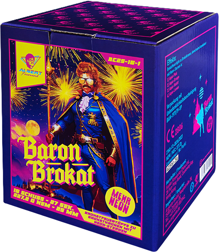 Feuerwerksbatterie AC25-16-1 Baron Brokat von Albert Feuerwerk mit bunter Verpackung und Comic-Figur vor Feuerwerk