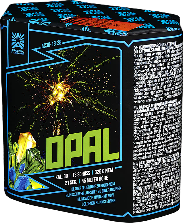 Argento Feuerwerk Batterie AC30-13-28 Opal mit Feuerwerkseffekt auf der Verpackung