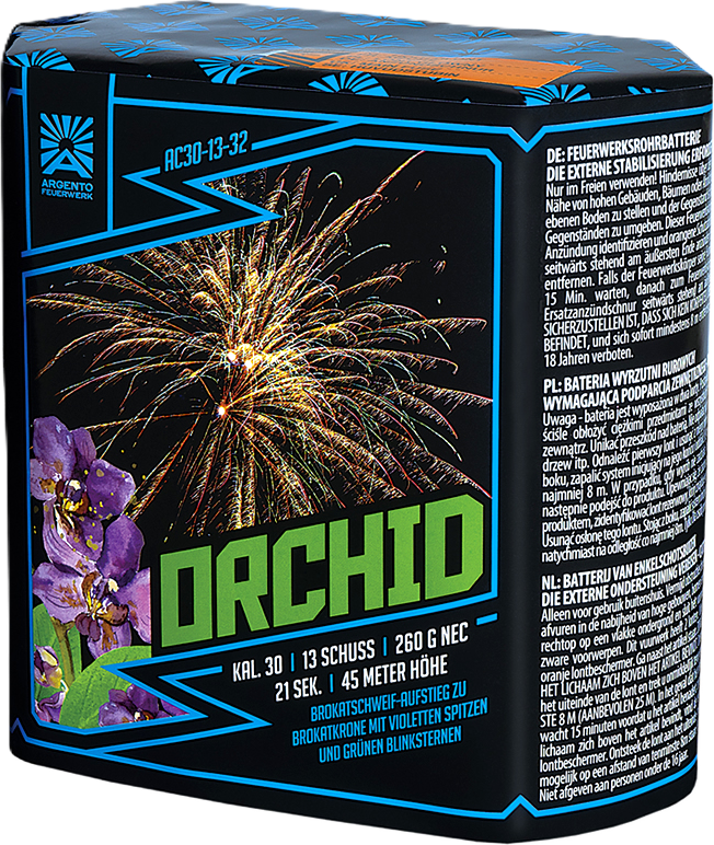 Argento Feuerwerksbatterie AC30-13-32 Orchid mit violetten Blüten und Feuerwerkseffekt