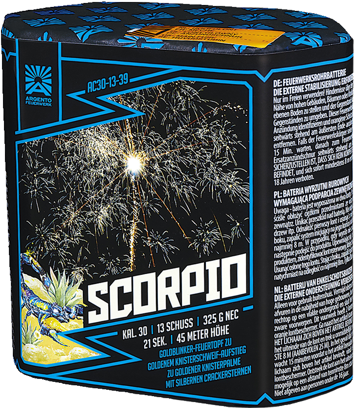 Argento Feuerwerk Batterie AC30-13-39 Scorpio mit 13 Schuss und goldenen Knisterpalmen