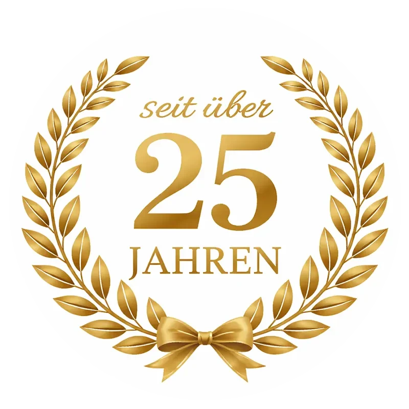 Emblem mit goldener Schleife und Lorbeerkranz zum 25-jährigen Jubiläum – seit über 25 Jahren