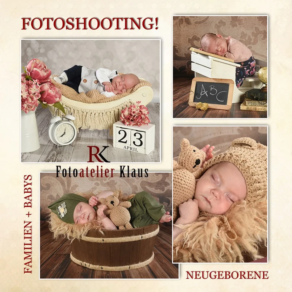 Fotoshooting für Neugeborene im Fotoatelier Klaus, liebevoll dekorierte Babyfotos mit Accessoires