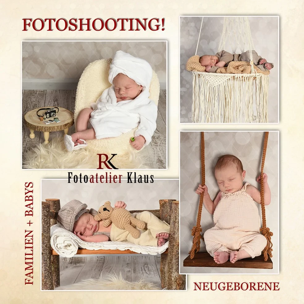 Fotoshooting für Neugeborene und Babys beim Fotoatelier Klaus, verschiedene liebevoll arrangierte Fotomotive