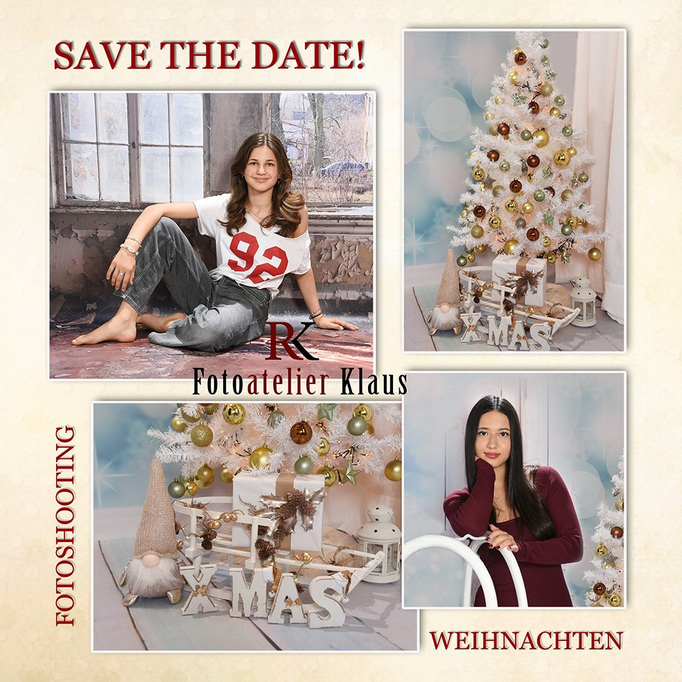 Save the Date Fotoshooting Weihnachten im Fotoatelier Klaus mit festlicher Dekoration und Weihnachtsbaum