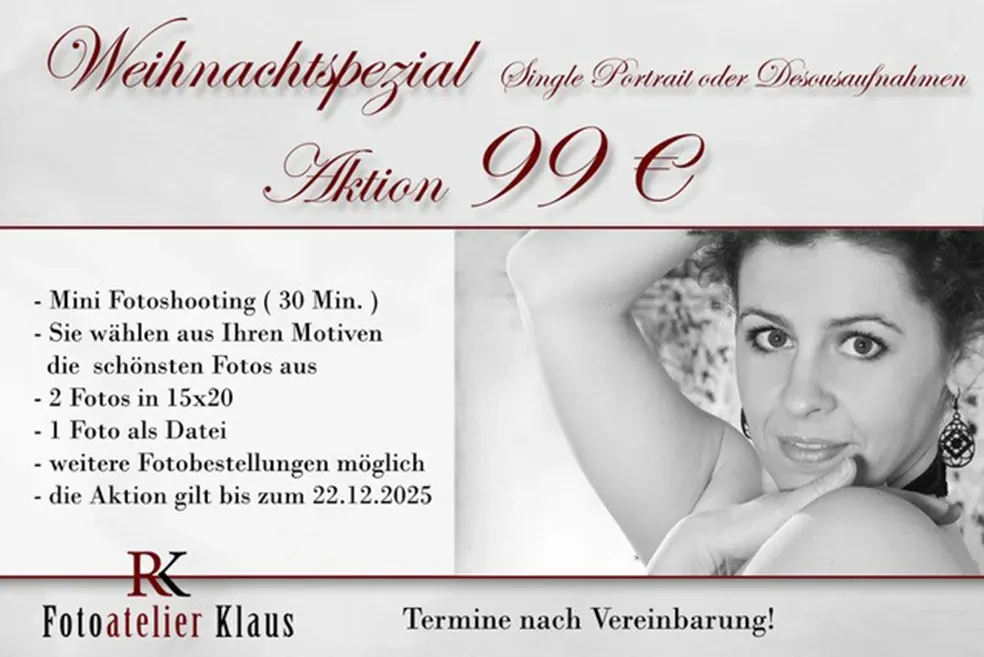 Weihnachtsspezial Aktion 2025: Fotoshooting-Angebot fr 99 Euro vom Fotostudio Atelier Klaus