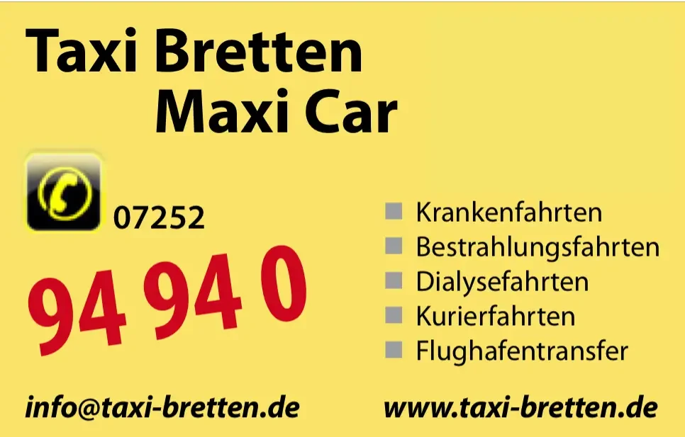 Visitenkarte von Taxi Bretten Maxi Car mit Telefonnummer und angebotenen Fahrdiensten wie Krankenfahrten, Kurierfahrten und Flughafentransfer.