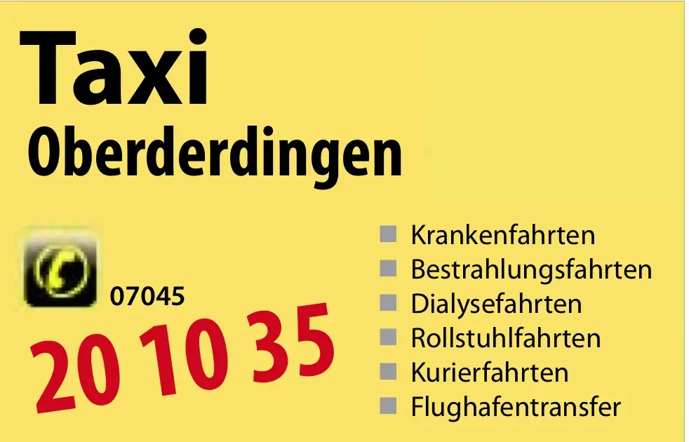 Visitenkarte eines Taxiunternehmens in Oberderdingen mit Telefonnummer und angebotenen Fahrdiensten wie Krankenfahrten, Rollstuhlfahrten und Flughafentransfer.
