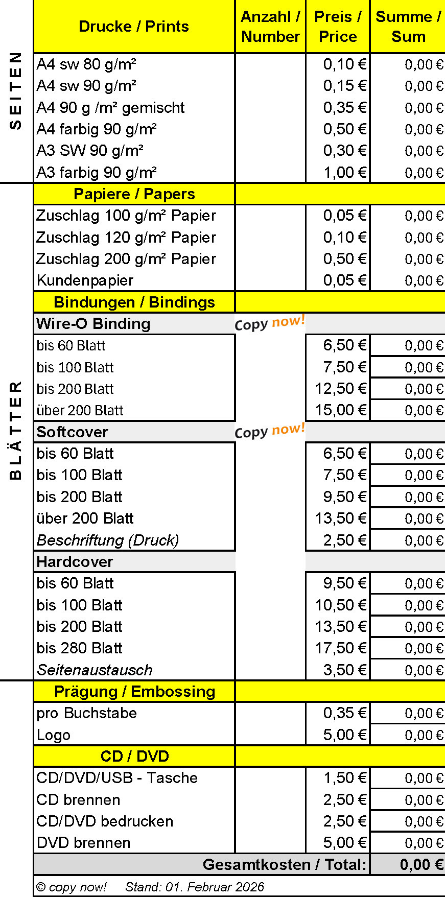 Online-Excel-Tabelle mit Preisübersicht für Bindungen und Papier ab Februar 2026 Preisübersicht für Bindungen und Papier in einer Online-Excel-Tabelle ab Februar 2026