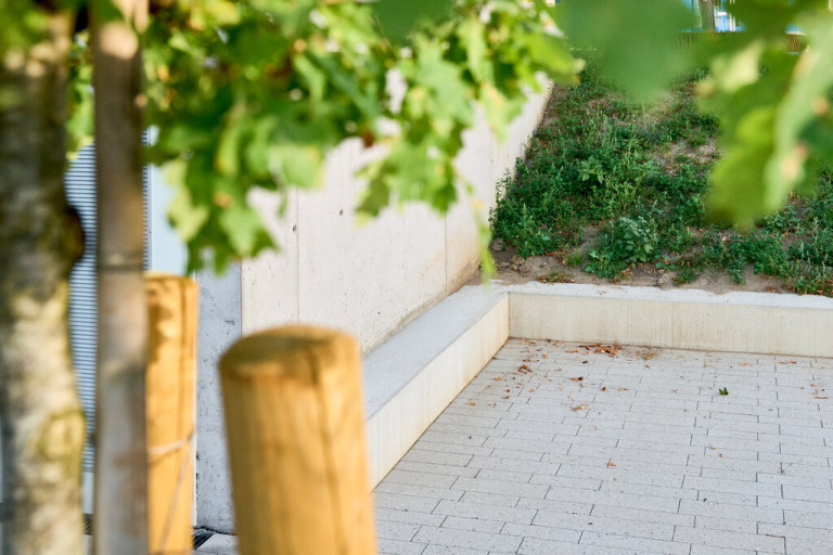 Pflasterarbeiten von Grüner Daumen in Remchingen, moderner gepflasterter Weg mit Begrünung und Holzpfosten