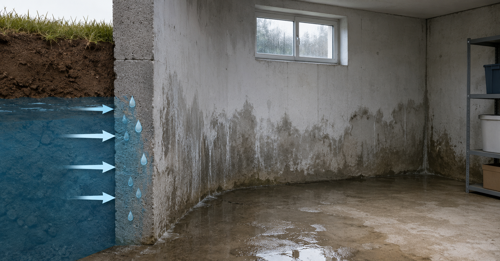 Feuchter Keller mit nassen Wänden und Wasserflecken auf dem Boden