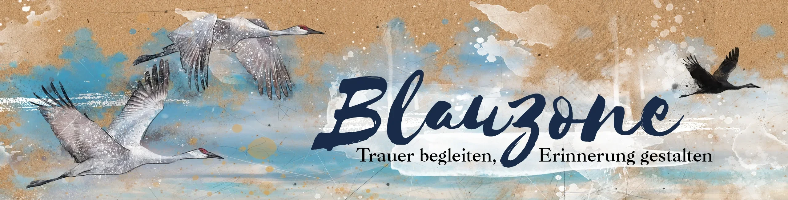 Blauzone Logo – Trauer begleiten Blauzone Logo mit Schriftzug 'Trauer begleiten' auf künstlerischem Hintergrund
