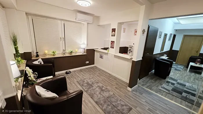 Modern eingerichteter Warteraum mit Ledersesseln, grauem Teppich und dekorativer Fensterbank