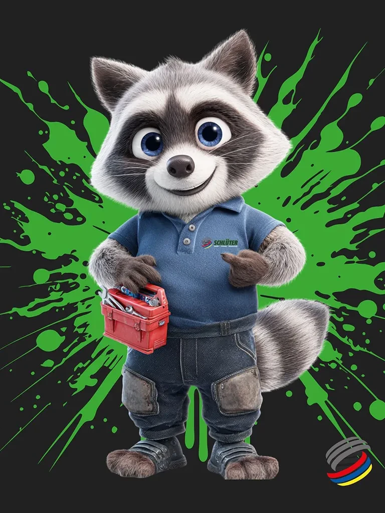 Schlüterich Maskottchen mit Werkzeugkasten und Schlüter Logo
