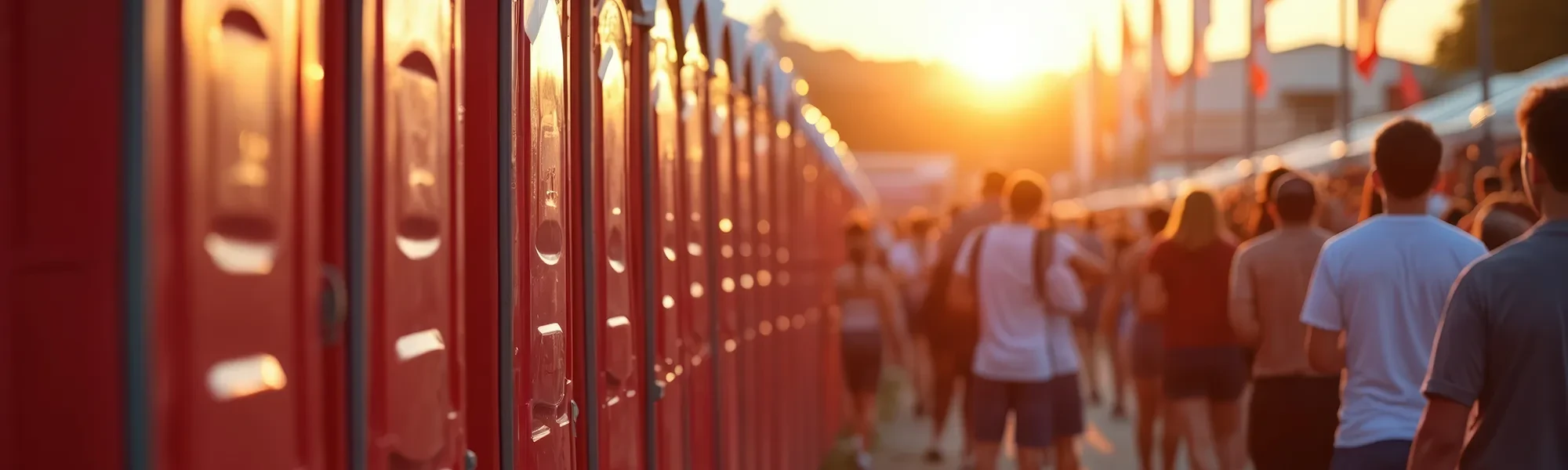 Reihe von mobilen Toiletten auf einer Veranstaltung bei Sonnenuntergang – Thema Wasser und Abwasser