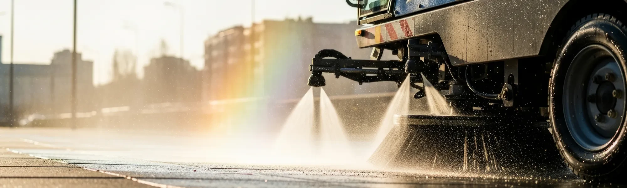 Straßenreinigungsfahrzeug sprüht Wasser auf die Straße