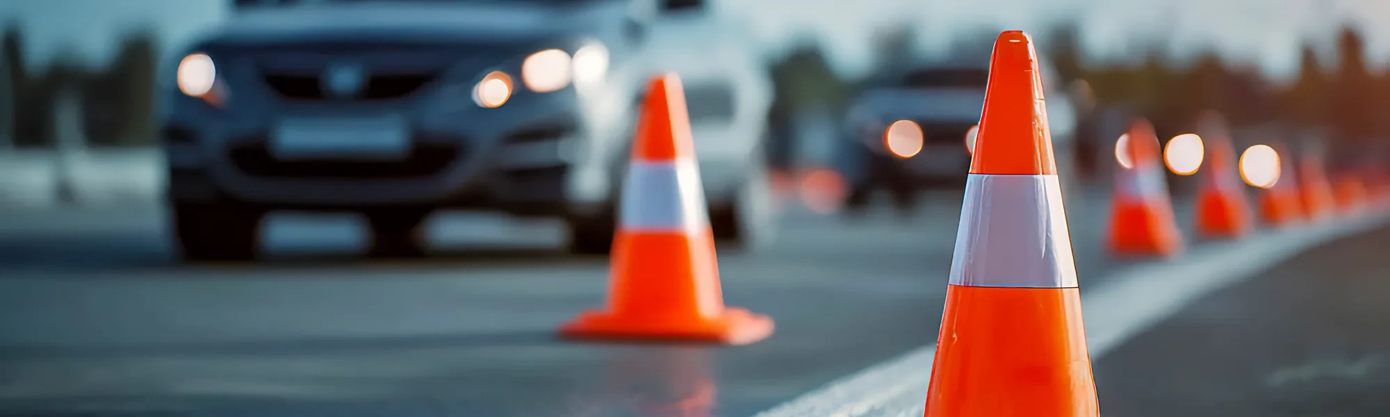 Verkehrssicherung mit Warnkegel auf einer Straße, unscharfe Autos im Hintergrund