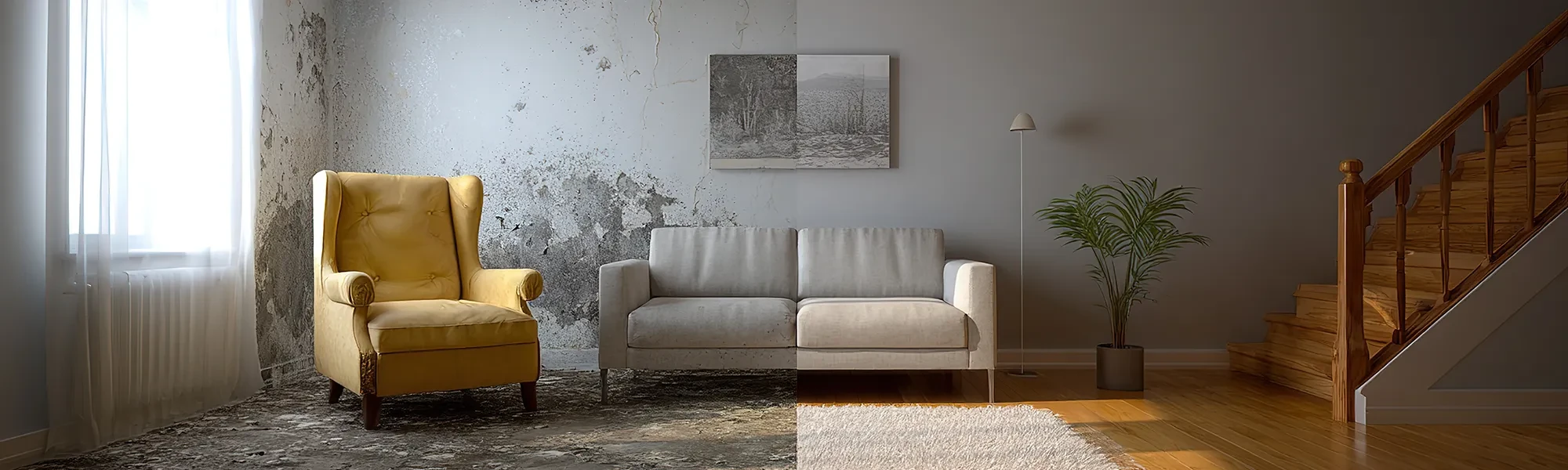 Vorher-Nachher-Vergleich einer Extremschmutzreinigung im Wohnzimmer mit Sofa