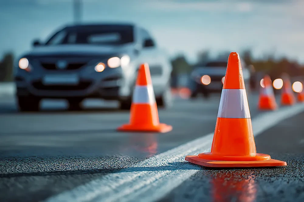 Verkehrskegel auf einer Straße mit unscharfem Auto im Hintergrund
