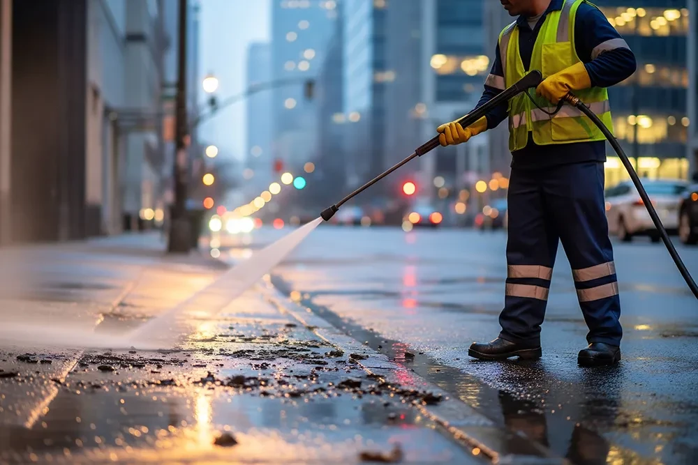 Straßenreinigung in der Stadt mit Hochdruckreiniger am frühen Morgen