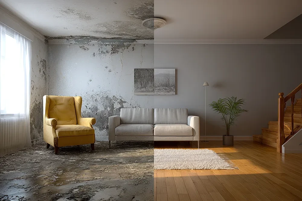 Vergleich von renoviertem und unrenoviertem Wohnzimmer mit Sessel und Sofa