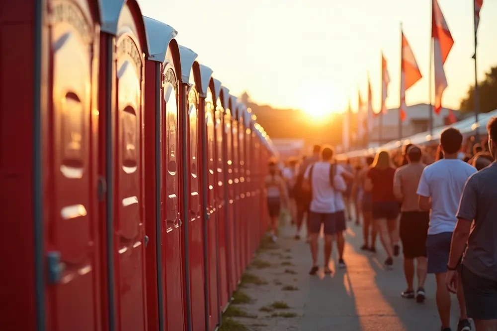 Reihe von roten Dixi-Toiletten auf einem Festivalgelände bei Sonnenuntergang, Menschen laufen vorbei
