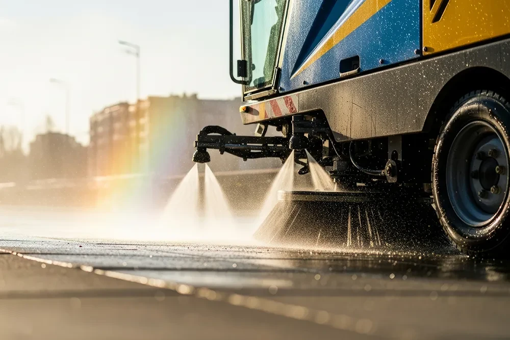 Straßenreinigungsfahrzeug bei der Reinigung einer Stadtstraße am Morgen