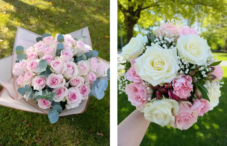 Blumensträuße mit Rosen und Eukalyptus als Inspiration für Muttertag-Geschenke Zwei verschiedene Blumensträuße mit Rosen und Eukalyptus als Geschenkidee zum Muttertag