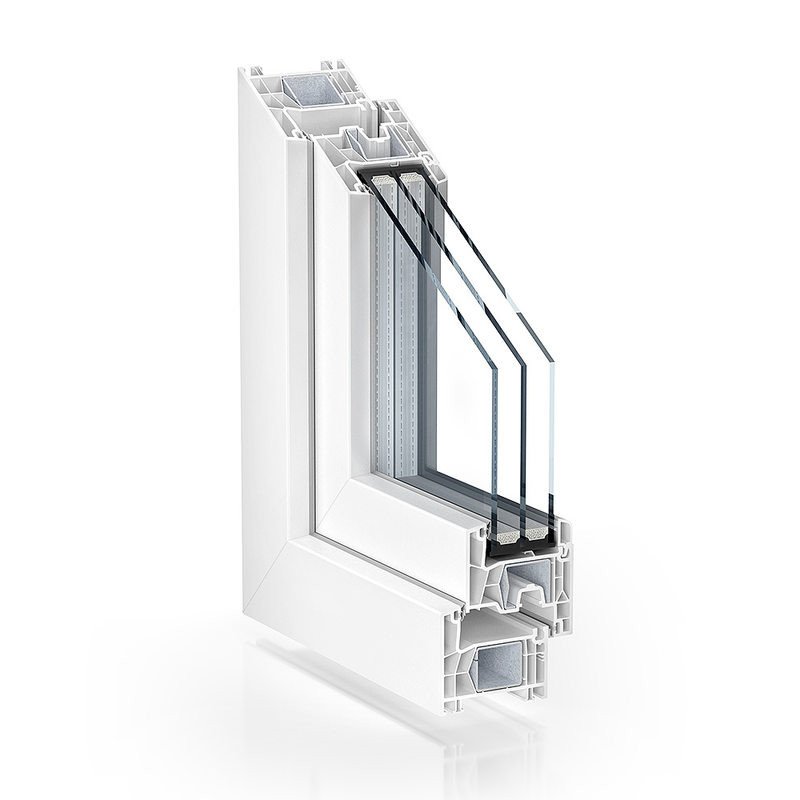 Querschnitt eines weißen 5-Kammer-Systems 76 AD Standard Kunststofffensters