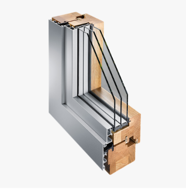 Querschnitt eines modernen Holz-Aluminium-Fensters mit Mehrfachverglasung