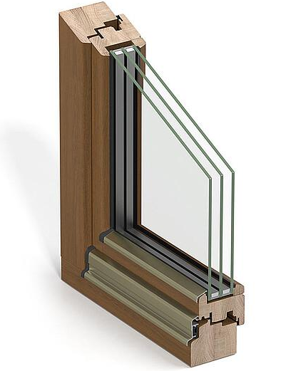 Querschnitt eines modernen Holzfensters mit Dreifachverglasung