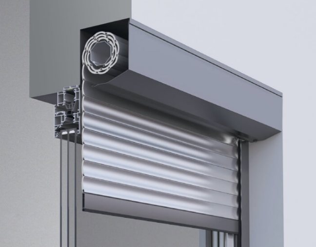 Moderner Rollladen im Querschnitt – Detailansicht eines Rollladen-Systems Detailansicht eines modernen Rollladen-Systems im Querschnitt