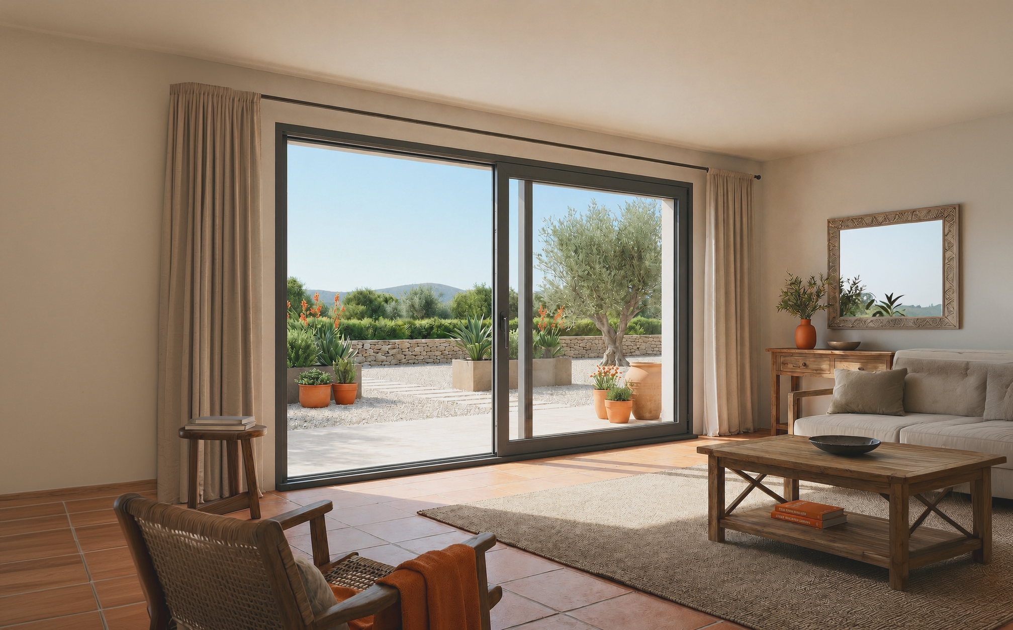 PremiSlide Beyond 3 Schiebetür – modernes Design, Wohnzimmer und Gartenansicht, KI-generiertes Bild PremiSlide Beyond 3 Schiebetür im modernen Wohnzimmer mit Blick in den Garten, KI-generiert